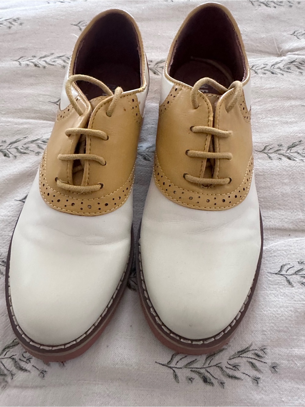 chelsea crew Women's Two-Tone Saddle Flats in White and mustard yellow 1950s